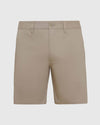 Khaki Twill Short: Men's beige casual shorts, flat front, mid-thigh length.