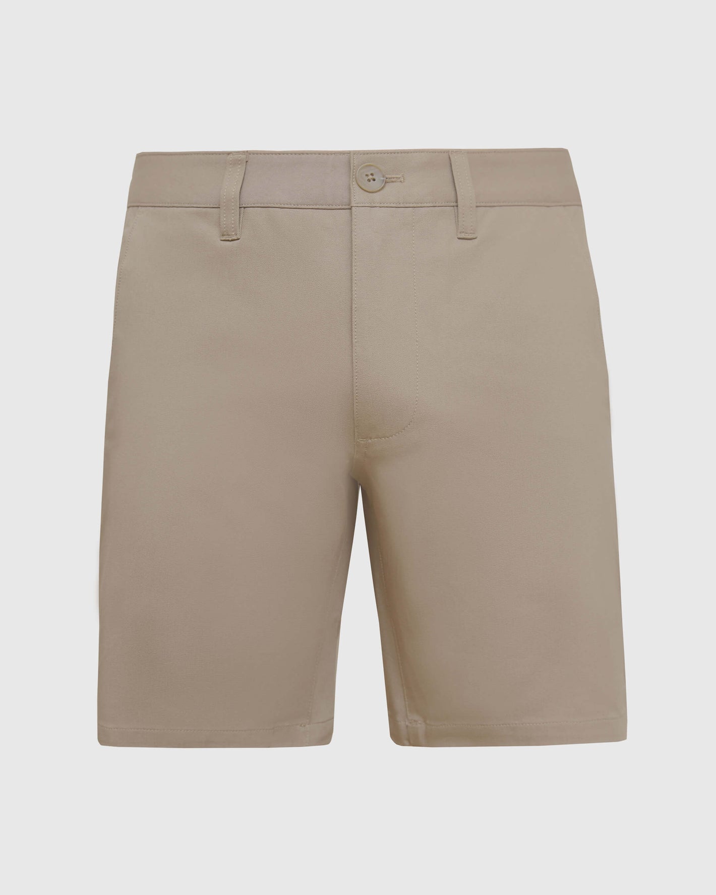 Khaki Twill Short: Men's beige casual shorts, flat front, mid-thigh length.