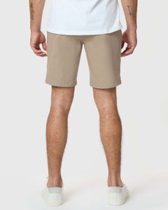 True ClassicKhaki Twill Short shown from back, knee-length, slim fit.