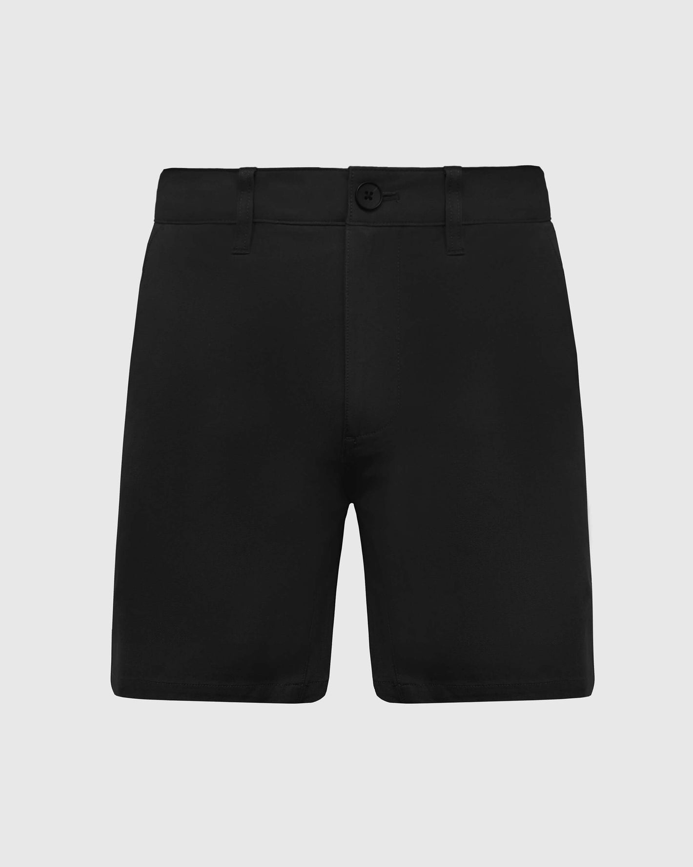 7 Black Classic Twill Shorts with buttoned waistband and belt loops.