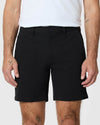 7 Black Classic Twill Shorts with button front, side pockets, and tattoos visible.