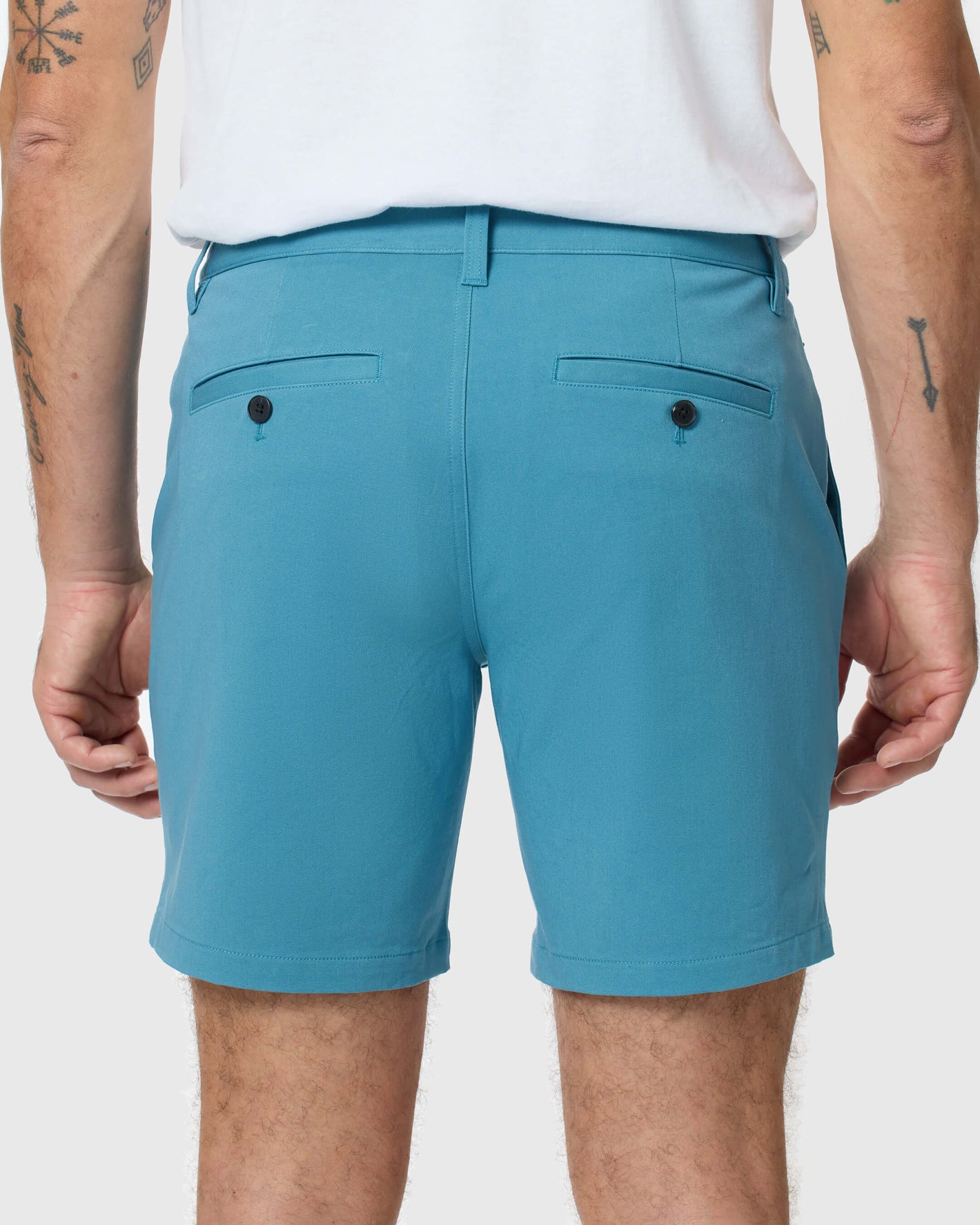 Back view of 7 Harbor Classic Twill Shorts worn with a white T-shirt.