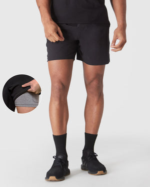 Black 2 In 1 Training Short with grey liner and side pocket.