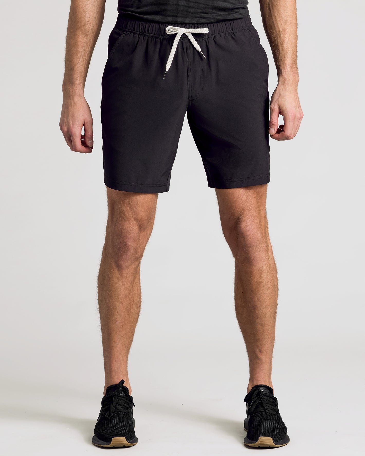 9 All Black Active Quick Dry Shorts, elastic waistband, white drawstring.