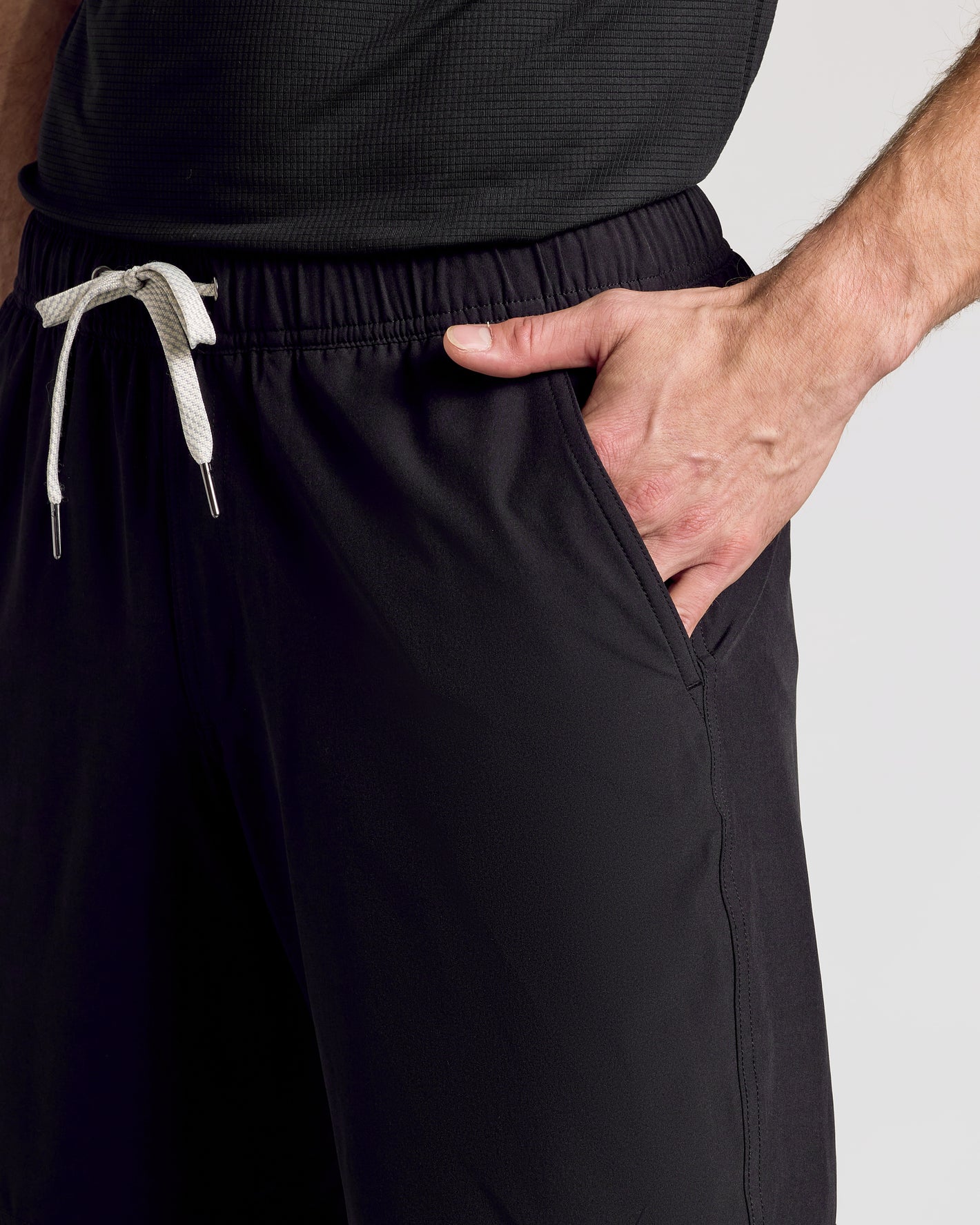 9 All Black Active Quick Dry Shorts, elastic waistband, drawcord, pocket detail.