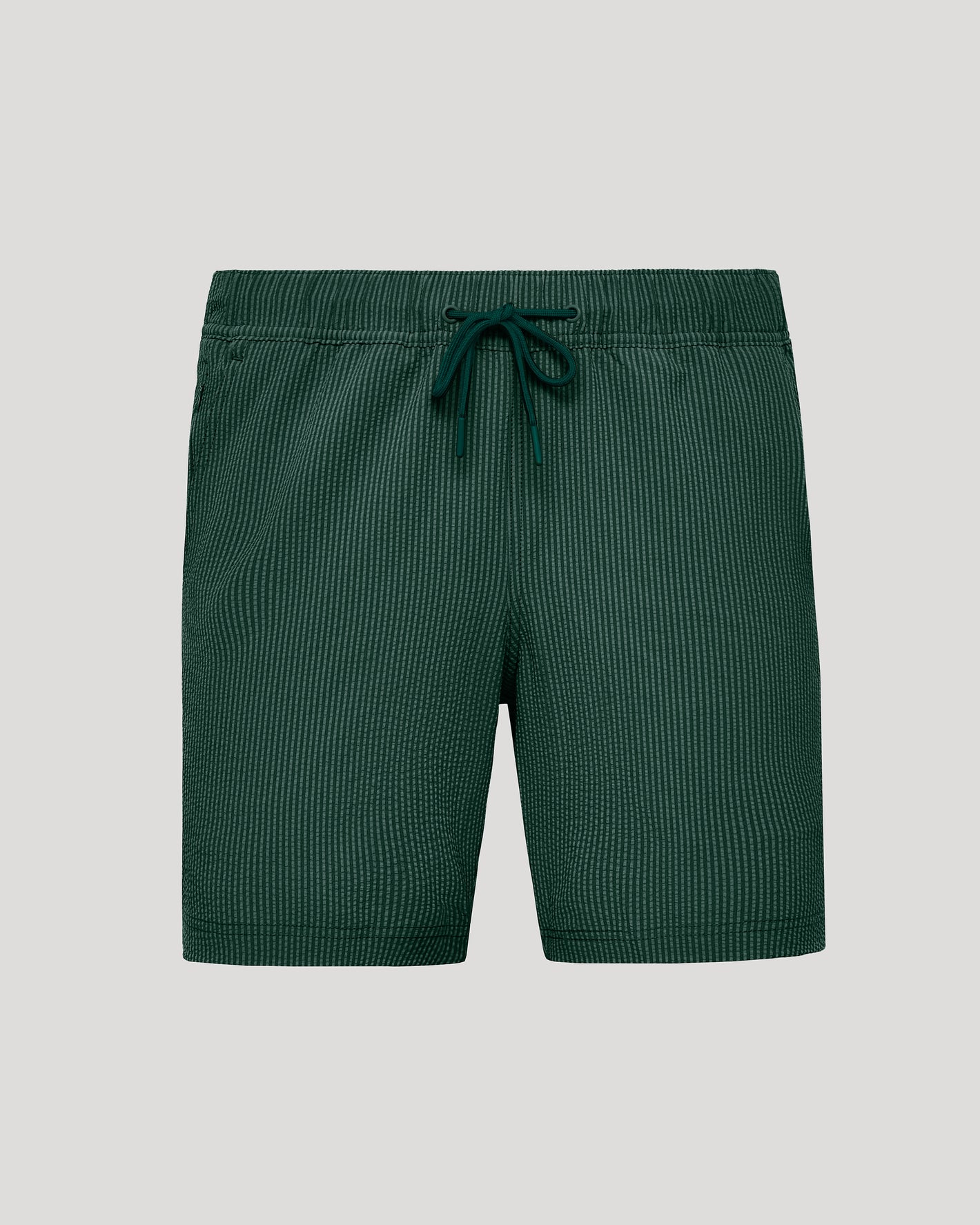 7 Marine Spruce Seersucker Swim Trunks with elastic waistband, drawstring, and pockets.
