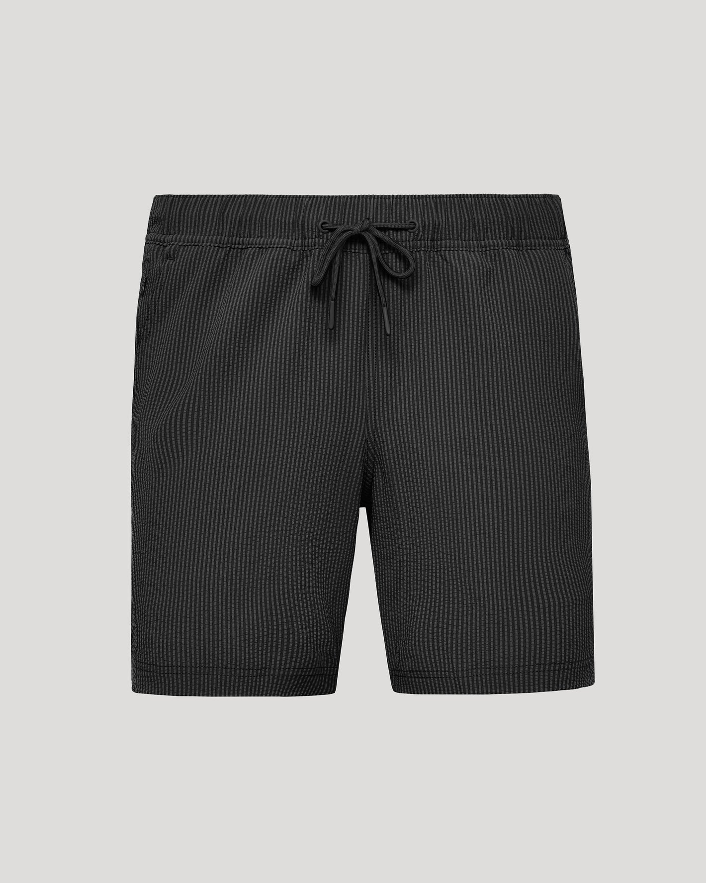 7 Smoke Seersucker Swim Trunks with drawstring, side pockets, and elastic waistband.