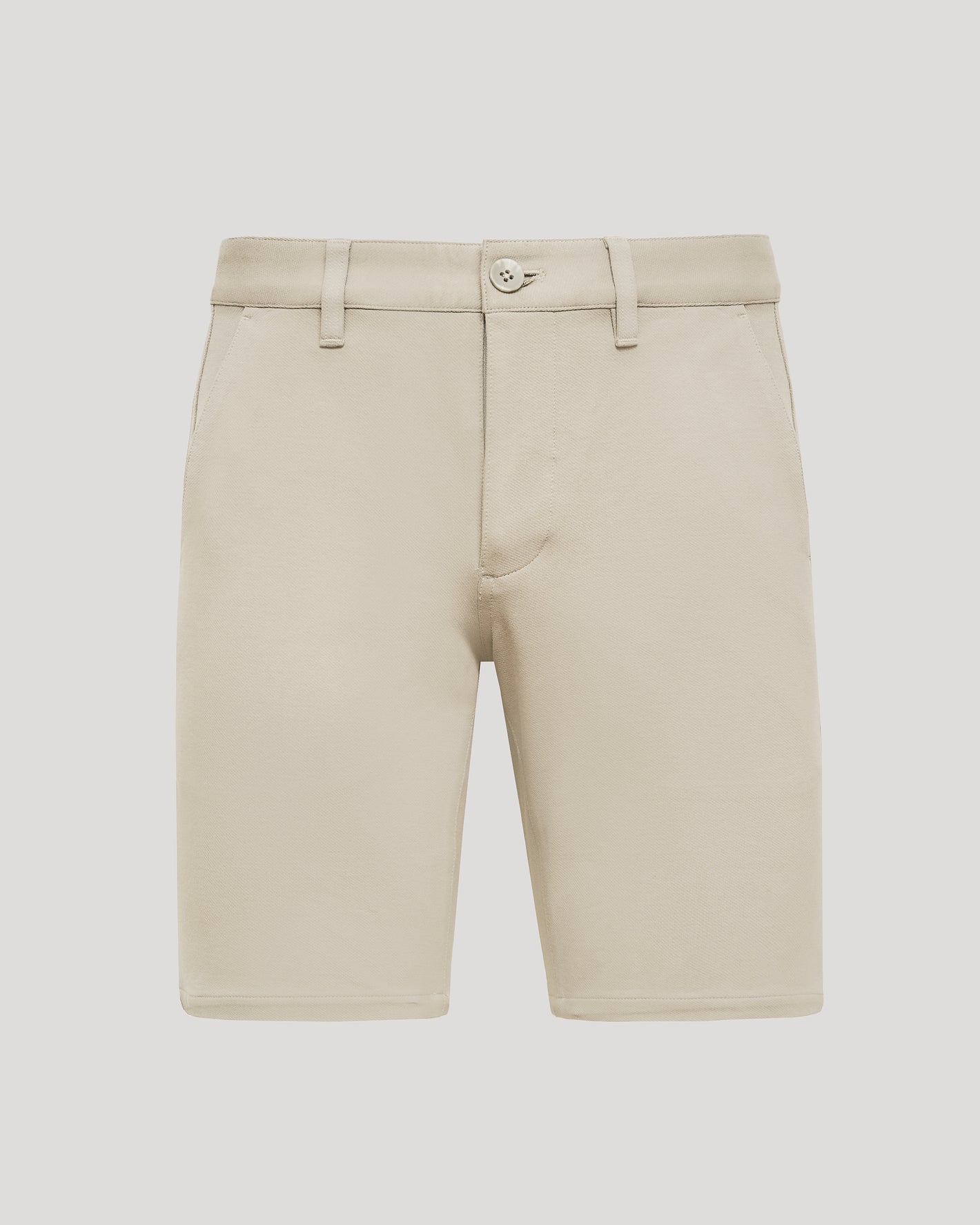 9 Sandstone Chino Shorts 2.0, front view, with pockets and belt loops.