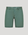 7 Moss Linen Shorts, muted green, flat-front, side pockets, belt loops.