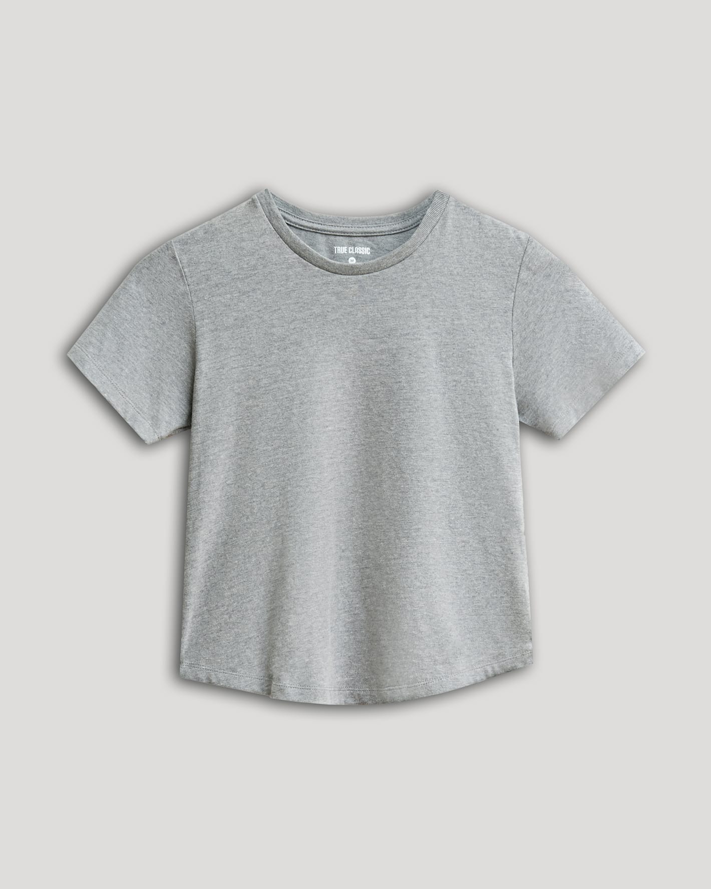 Boys' Heather Gray Classic Curved Hem Crew Neck T-Shirt laid flat.
