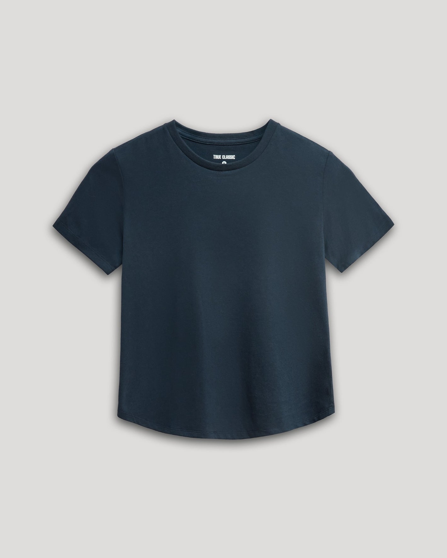 Boys' Navy Classic Curved Hem Crew Neck T-shirt, laid flat.