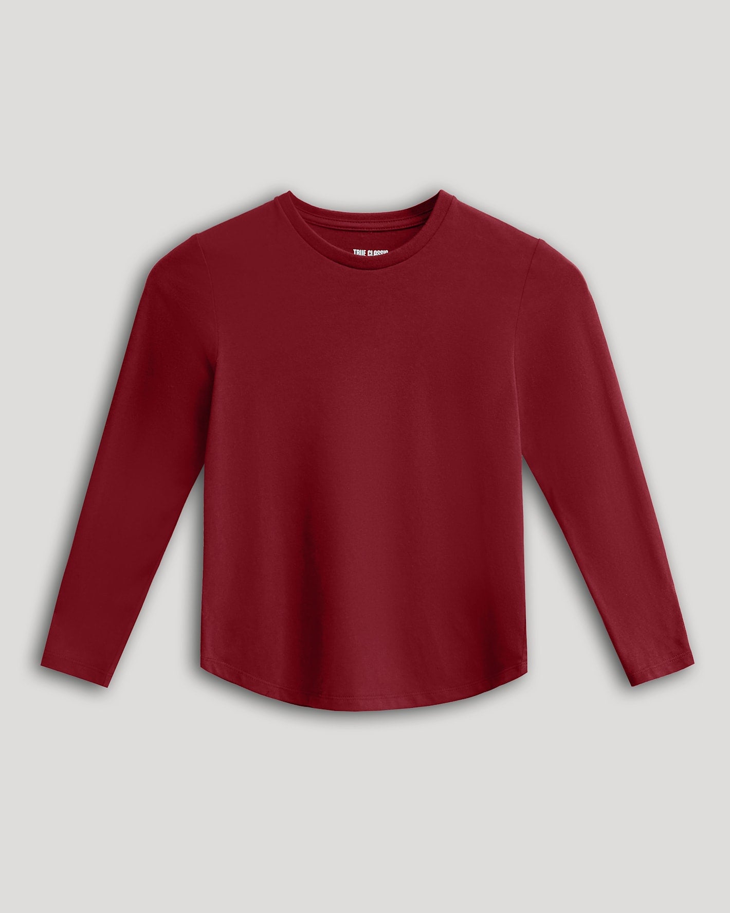 Boys' Dark Maroon Classic Long Sleeve Crew Neck shirt laid flat.
