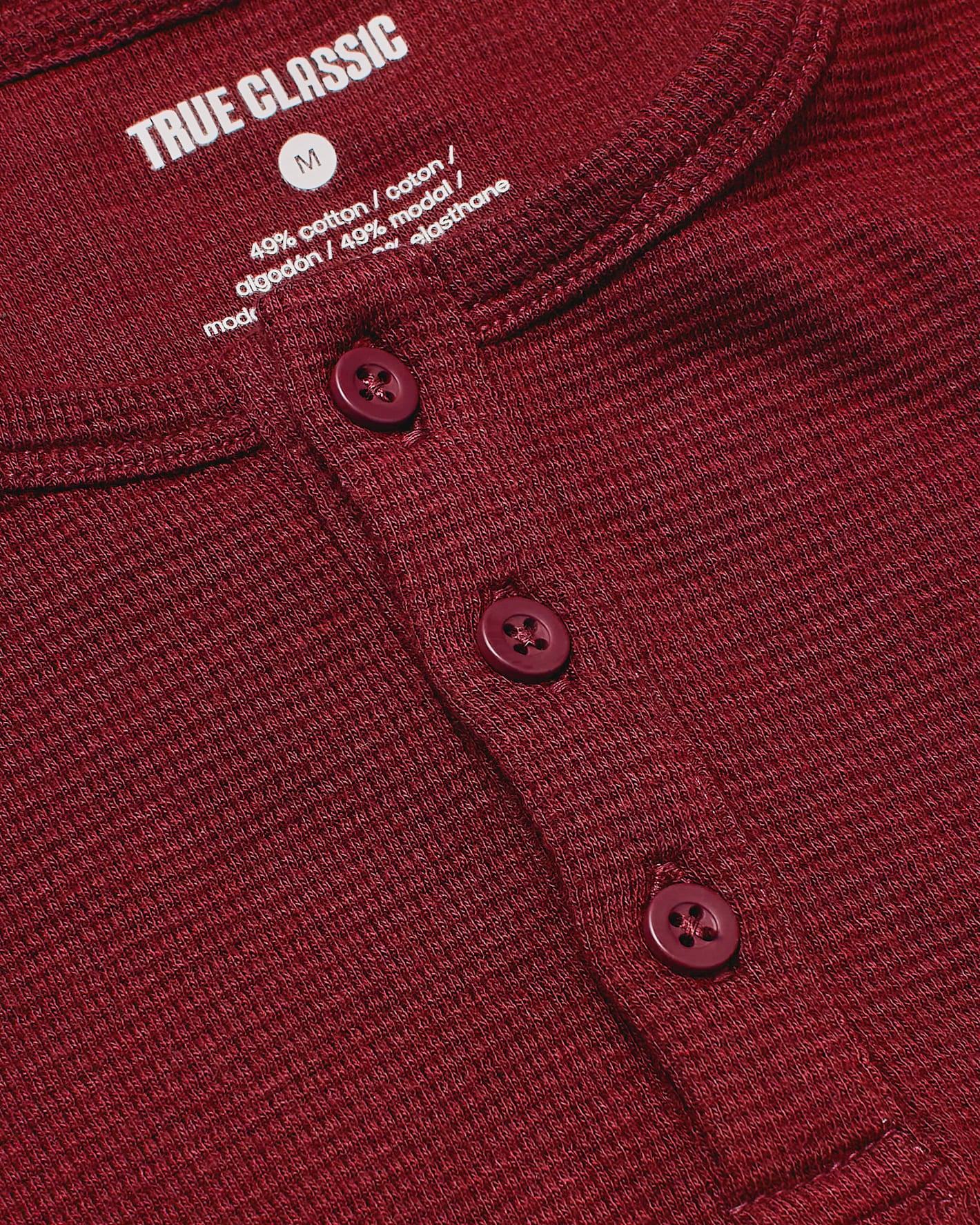 Boys' Dark Maroon Long Sleeve Waffle Henley with textured fabric and placket.