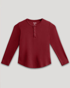 True ClassicBoys' Dark Maroon Long Sleeve Waffle Henley, crew neck, three-button placket.