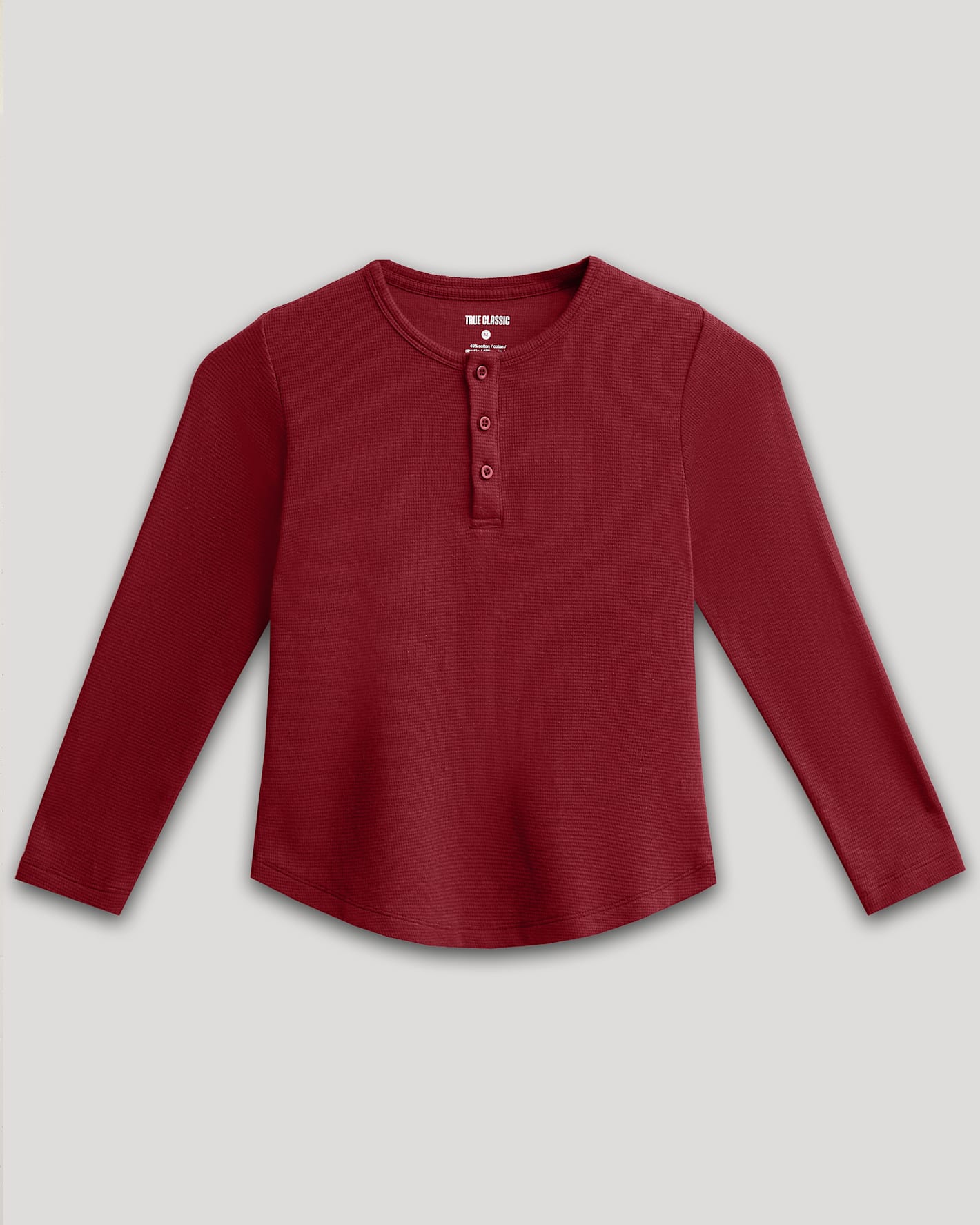 Boys' Dark Maroon Long Sleeve Waffle Henley, crew neck, three-button placket.