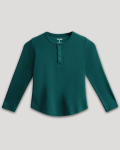 True ClassicBoys Deep Emerald Long Sleeve Waffle Henley with button placket.