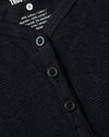 Girls Long Sleeve Boxy Waffle Henley, black, three-button placket close-up.