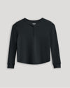 Girls Black Long Sleeve Boxy Waffle Henley with button placket.