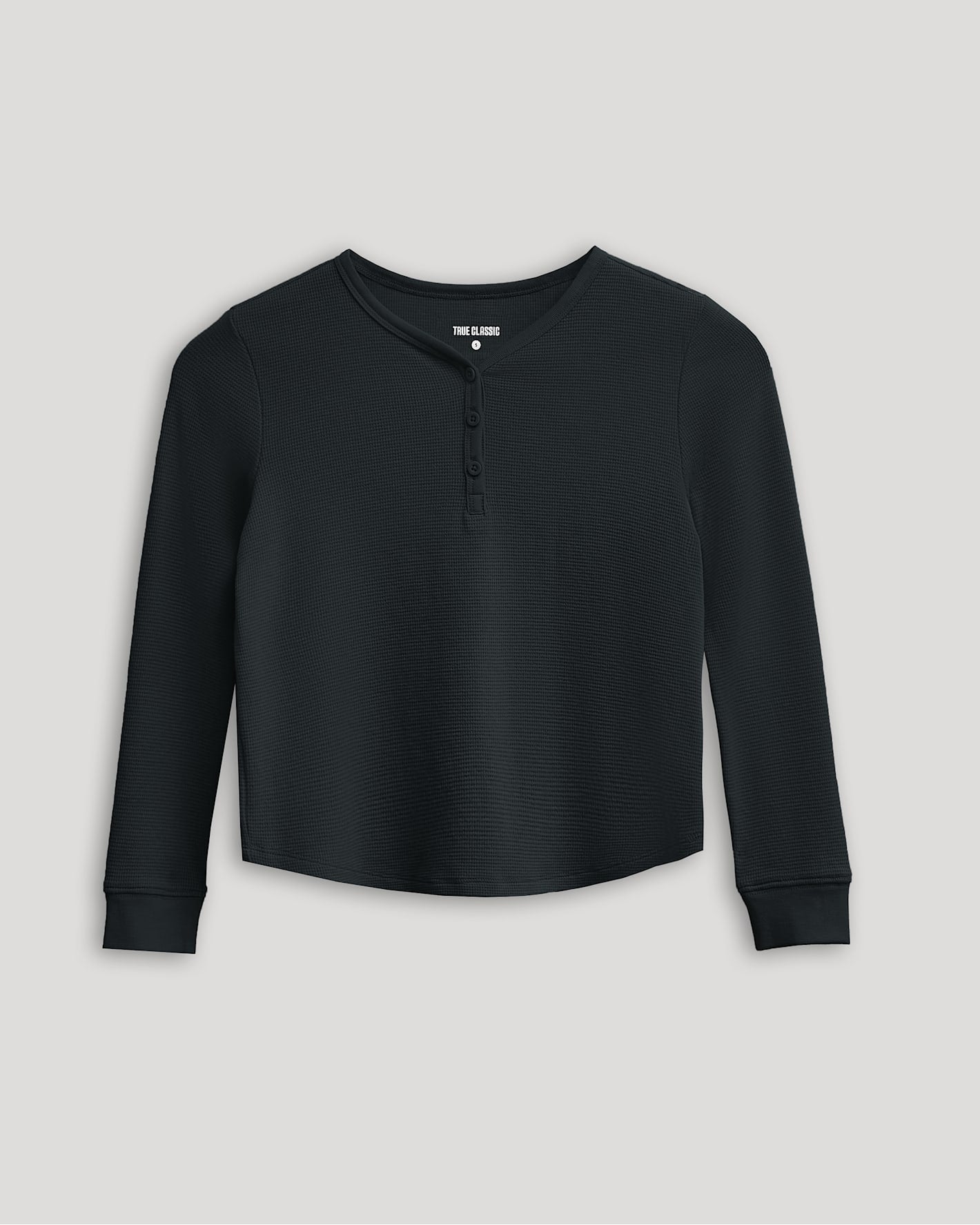 Girls Black Long Sleeve Boxy Waffle Henley with button placket.