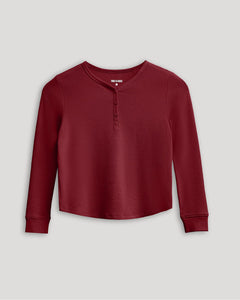 True ClassicGirls Dark Maroon Long Sleeve Boxy Waffle Henley with scoop neckline.