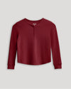 Girls Dark Maroon Long Sleeve Boxy Waffle Henley with scoop neckline.