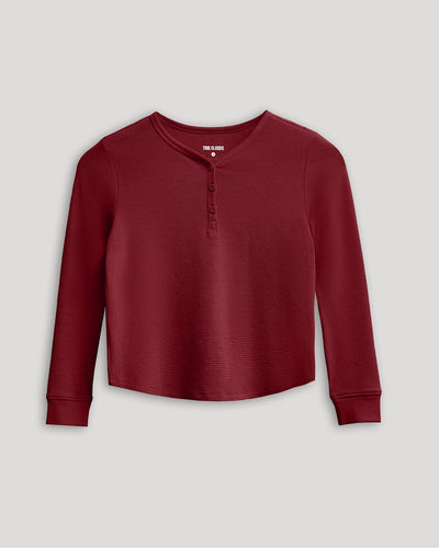 Girls Long Sleeve Boxy Waffle Henley - Dark Maroon