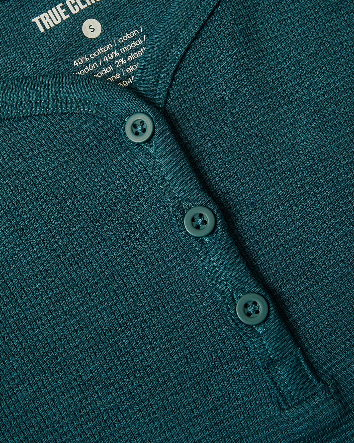 Girls Deep Emerald Long Sleeve Boxy Waffle Henley with button placket.