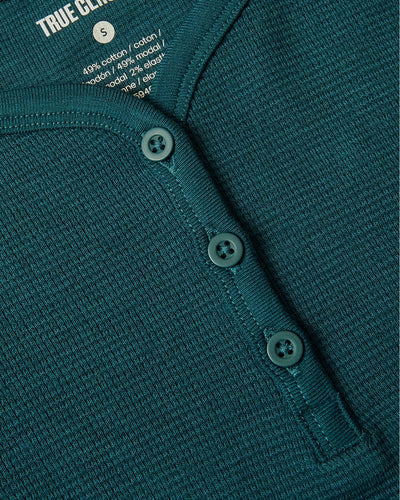 Girls Long Sleeve Boxy Waffle Henley - Deep Emerald