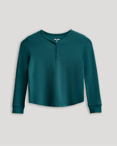 True ClassicGirls Deep Emerald Long Sleeve Boxy Waffle Henley with buttoned neckline.