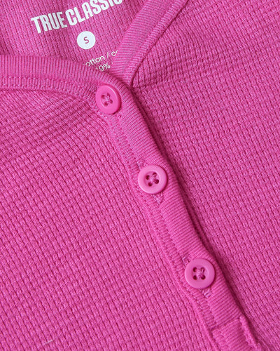 Girls Long Sleeve Boxy Waffle Henley - Electric Fuchsia