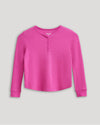 Girls Electric Fuchsia Long Sleeve Boxy Waffle Henley with button placket.