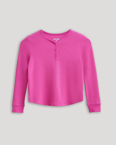 Girls Long Sleeve Boxy Waffle Henley - Electric Fuchsia