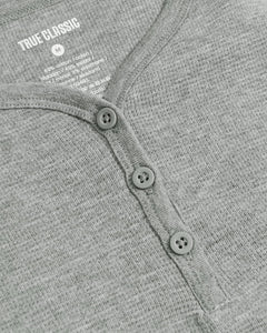 True ClassicGirls Heather Gray Long Sleeve Boxy Waffle Henley with button-front detail.