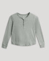 Girls Heather Gray Long Sleeve Boxy Waffle Henley with button placket.