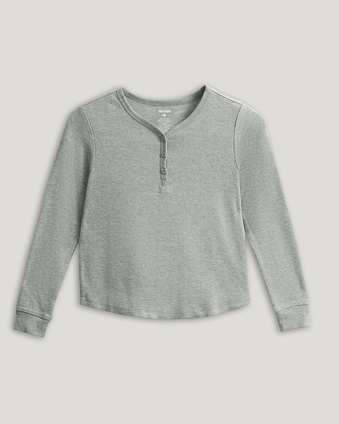 Girls Heather Gray Long Sleeve Boxy Waffle Henley with button placket.