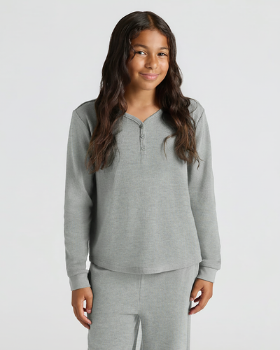 Girls Long Sleeve Boxy Waffle Henley - Heather Gray