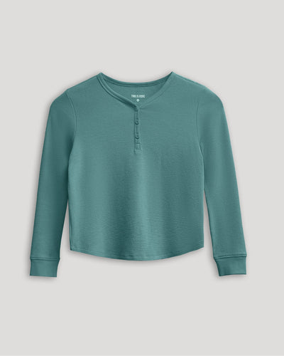 Girls Long Sleeve Boxy Waffle Henley - Stormcloud