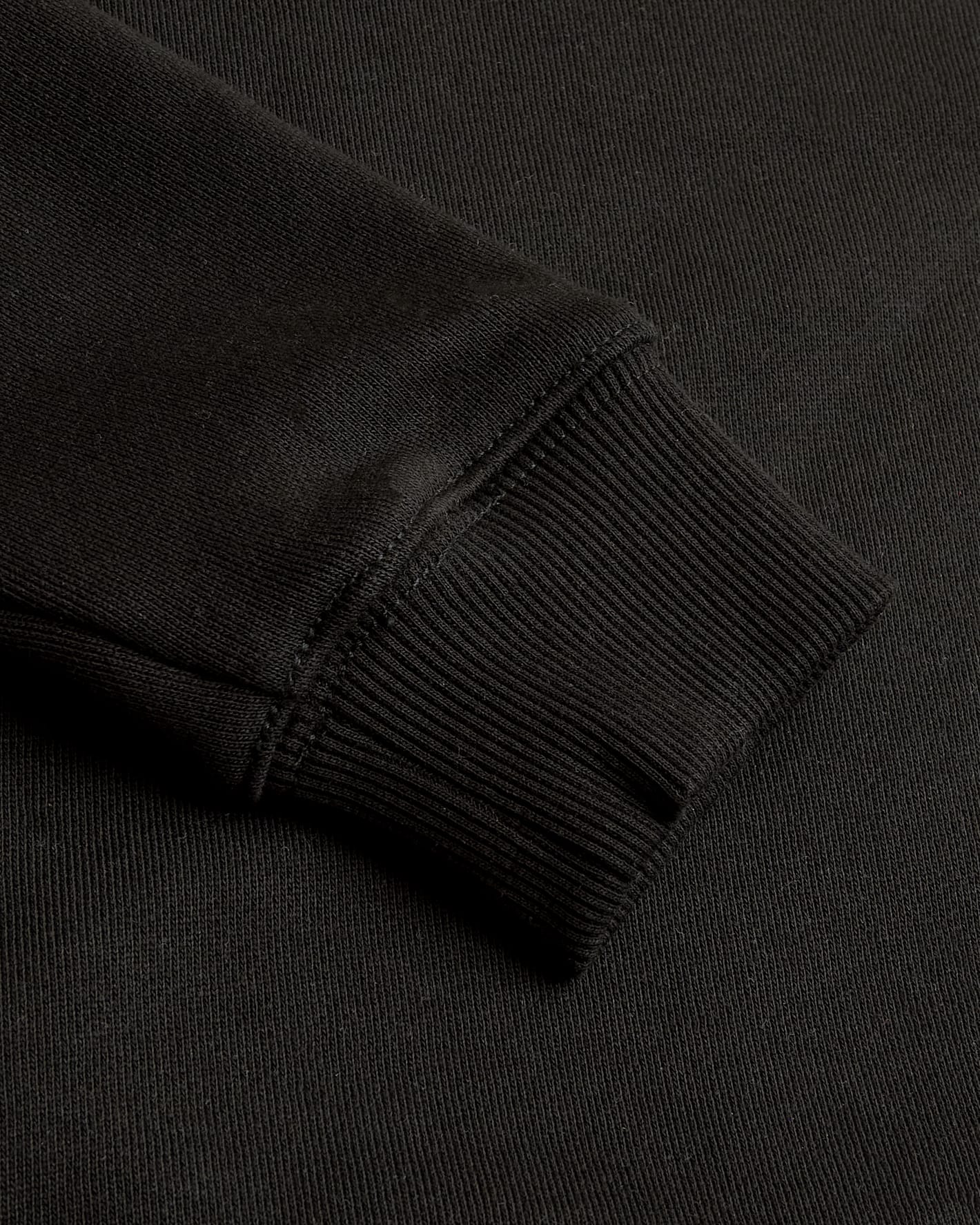 Close-up of a black sweater sleeve on a dark background