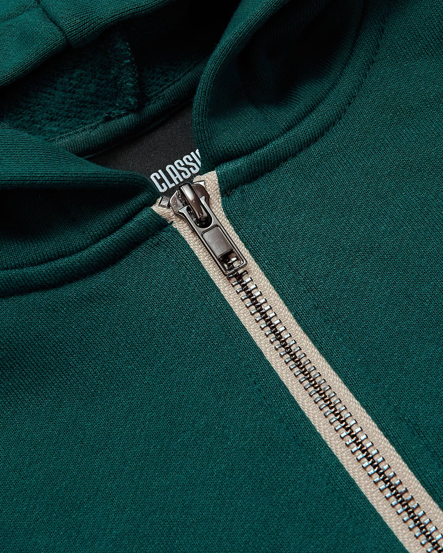 Boys' Deep Emerald Fleece Full Zip Hoodie showing hood and zipper details.