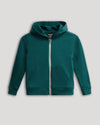 Boys' Deep Emerald Fleece Full Zip Hoodie with hood and kangaroo pocket.
