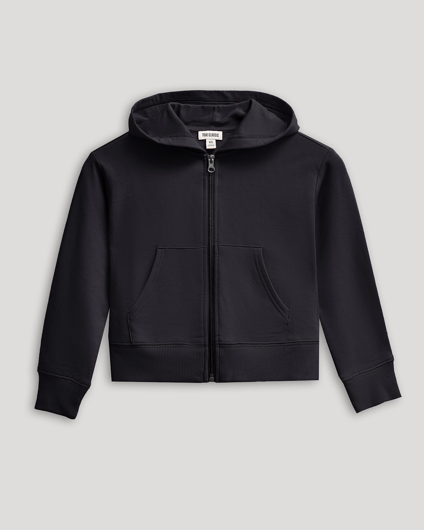 Girls Black Cropped Zip Hoodie with kangaroo pouch and ribbed cuffs.