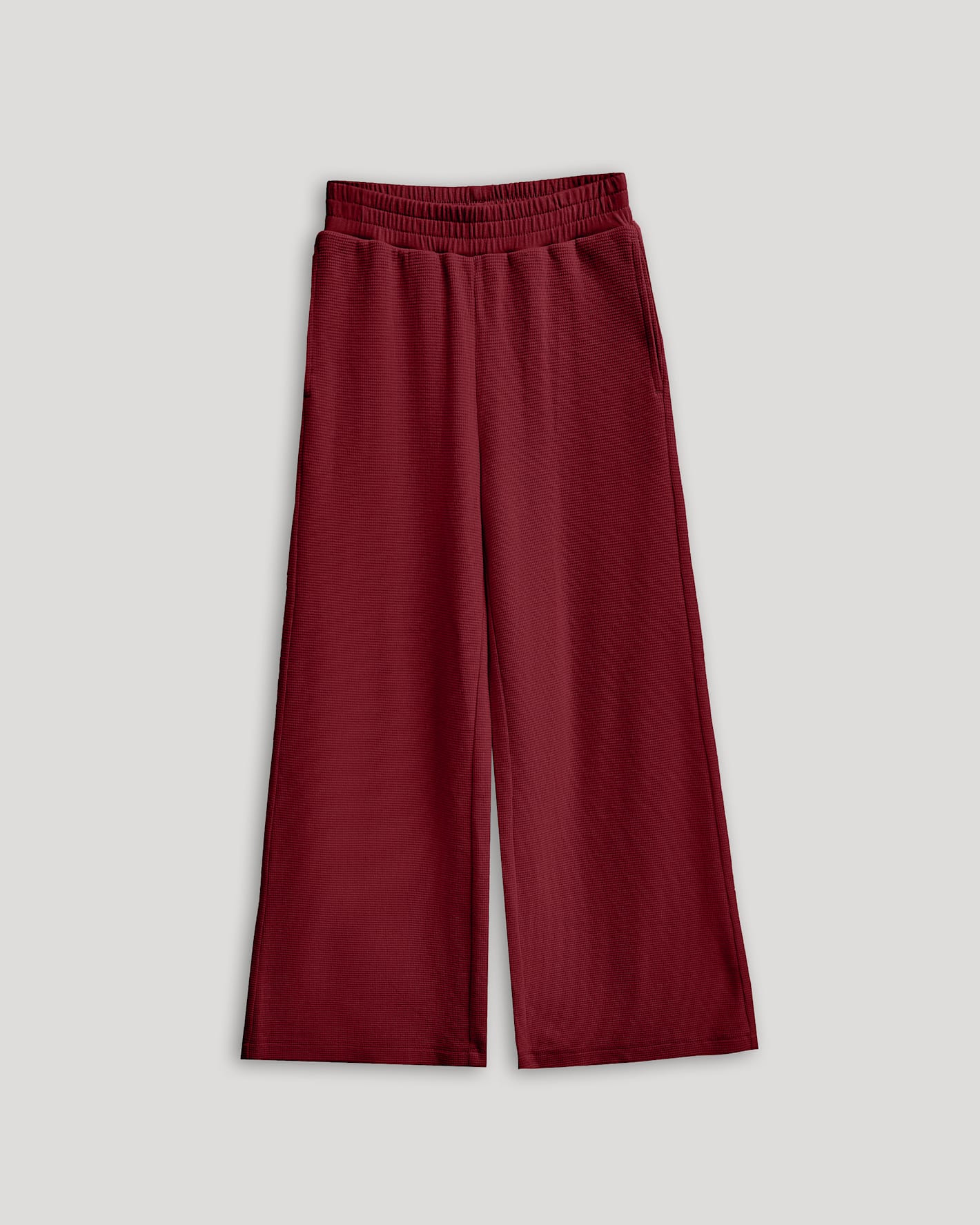 Girls Dark Maroon Waffle Wide Leg Pants, elastic waist, side pockets.