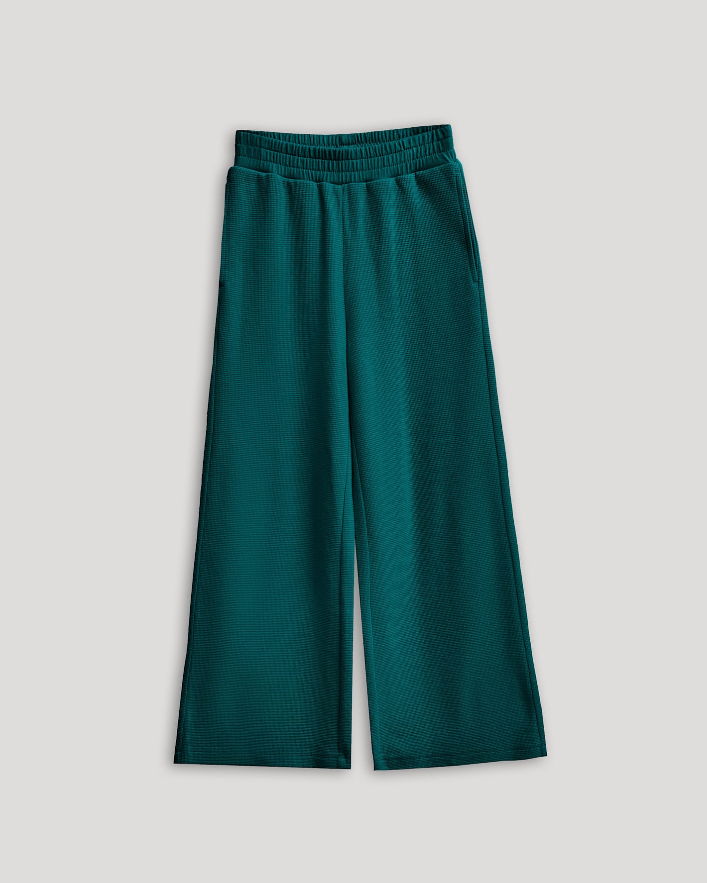 Girls Deep Emerald Waffle Wide Leg Pants, cropped, elastic waistband, textured knit.