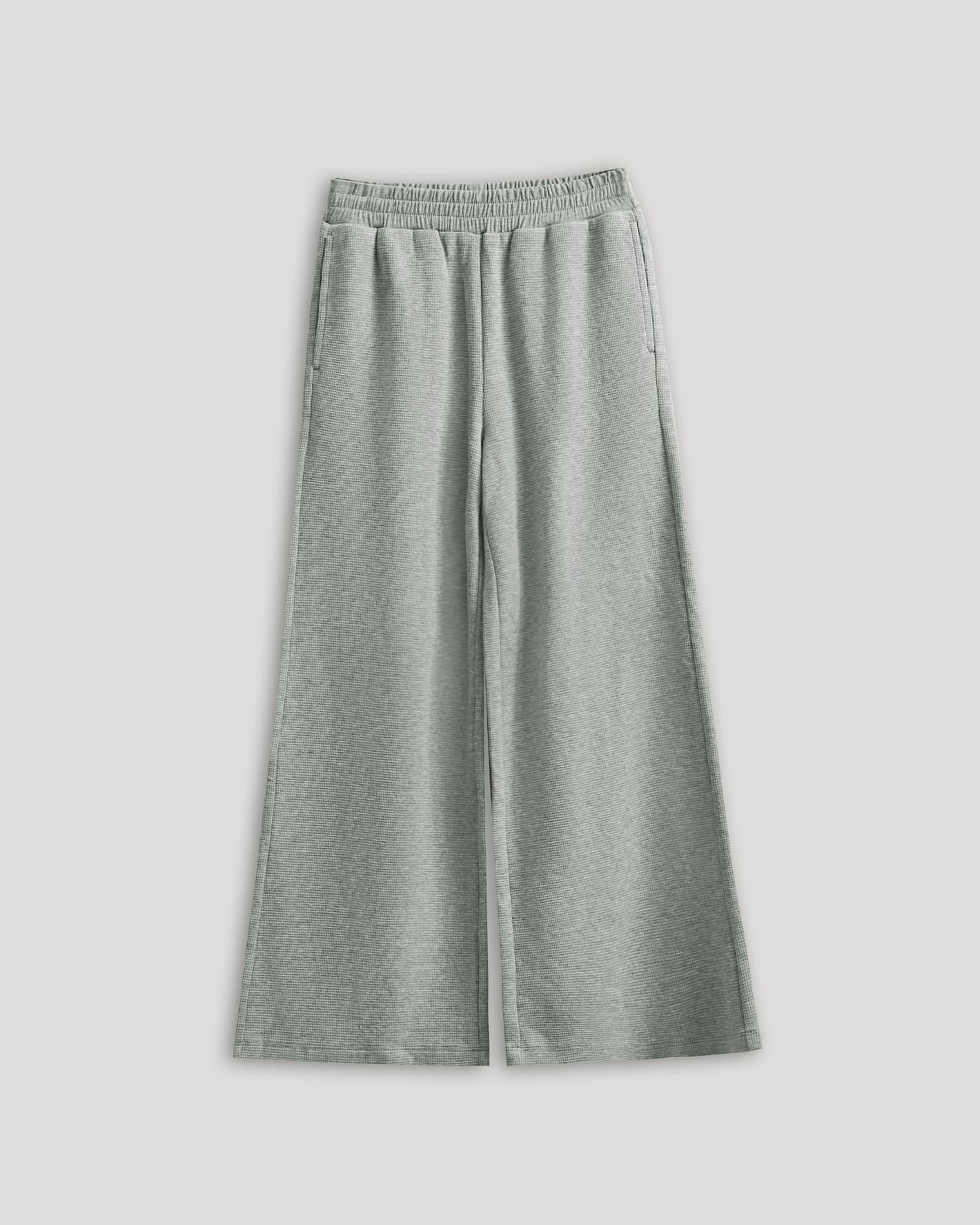 Girls Heather Gray Waffle Wide Leg Pants with elastic waistband and side pockets.