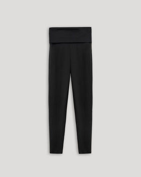 Girls Black Foldover Leggings with adjustable waistband laid flat.