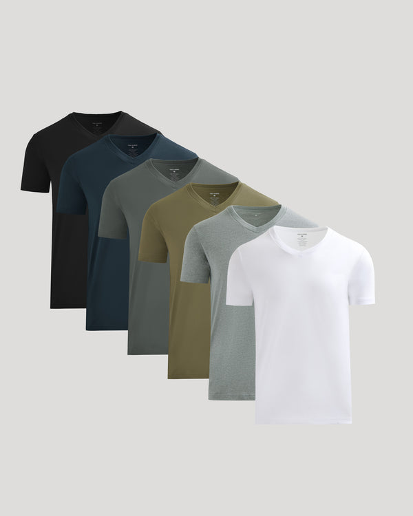Set of five men's V-neck t-shirts in black, navy, gray, green, and white on a light gray background.