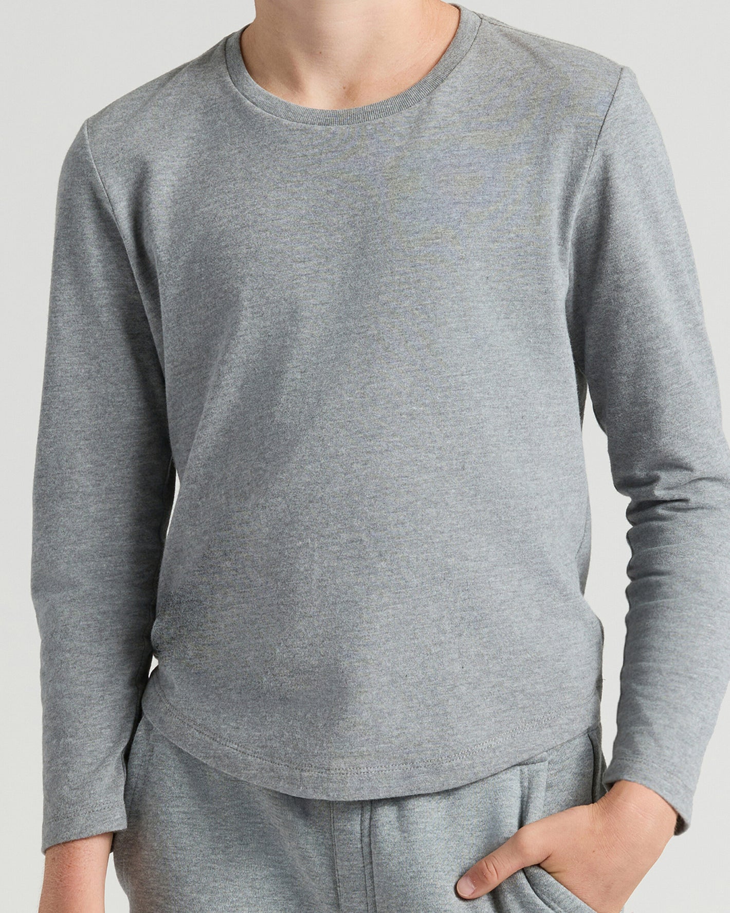Boys' Classic Long Sleeve Curved Hem Crew Neck in heather gray.