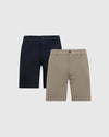 9 Khaki & Navy Comfort Knit Chino Shorts 2-Pack, flat-front style.