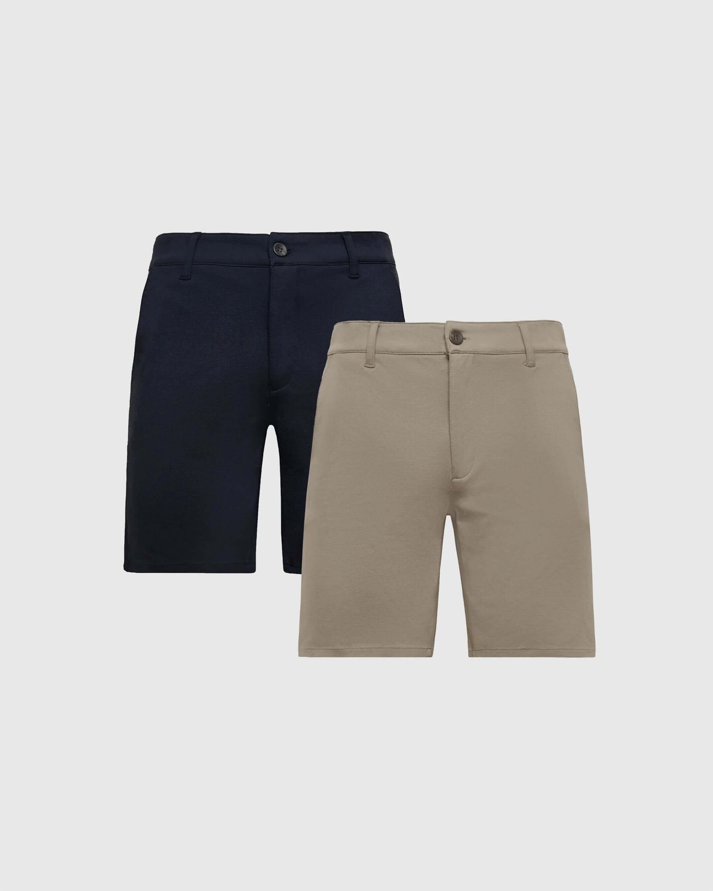9 Khaki & Navy Comfort Knit Chino Shorts 2-Pack, flat-front style.