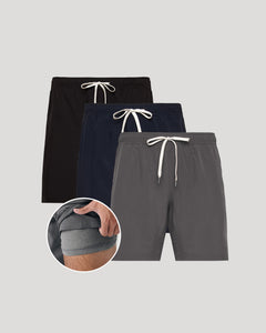 True ClassicThree pairs of shorts in black, navy, and gray with drawstrings on a light gray background.